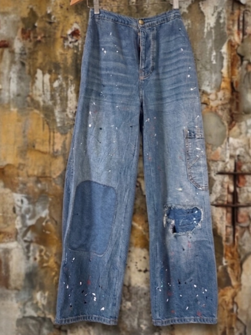 Free People We The Free Dustbowl Paint Splatter Highrise Cargo Wide Leg Jeans 30